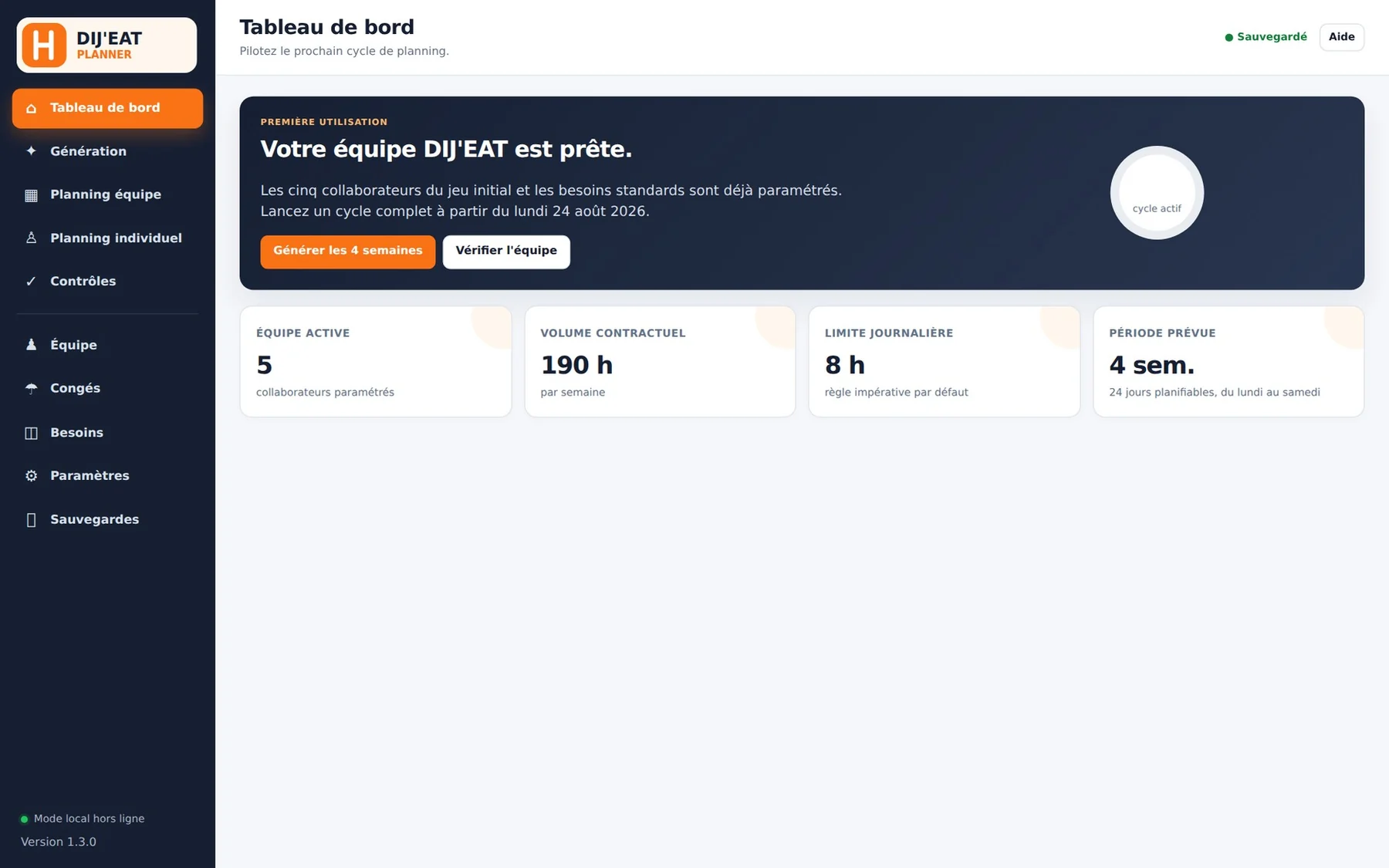 Tableau de bord de l’application DIJ’EAT Planner
