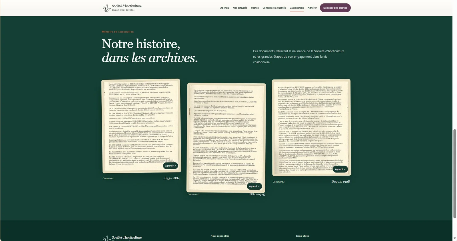 Capture complète du module d’archives du site Société d’Horticulture de Chalon