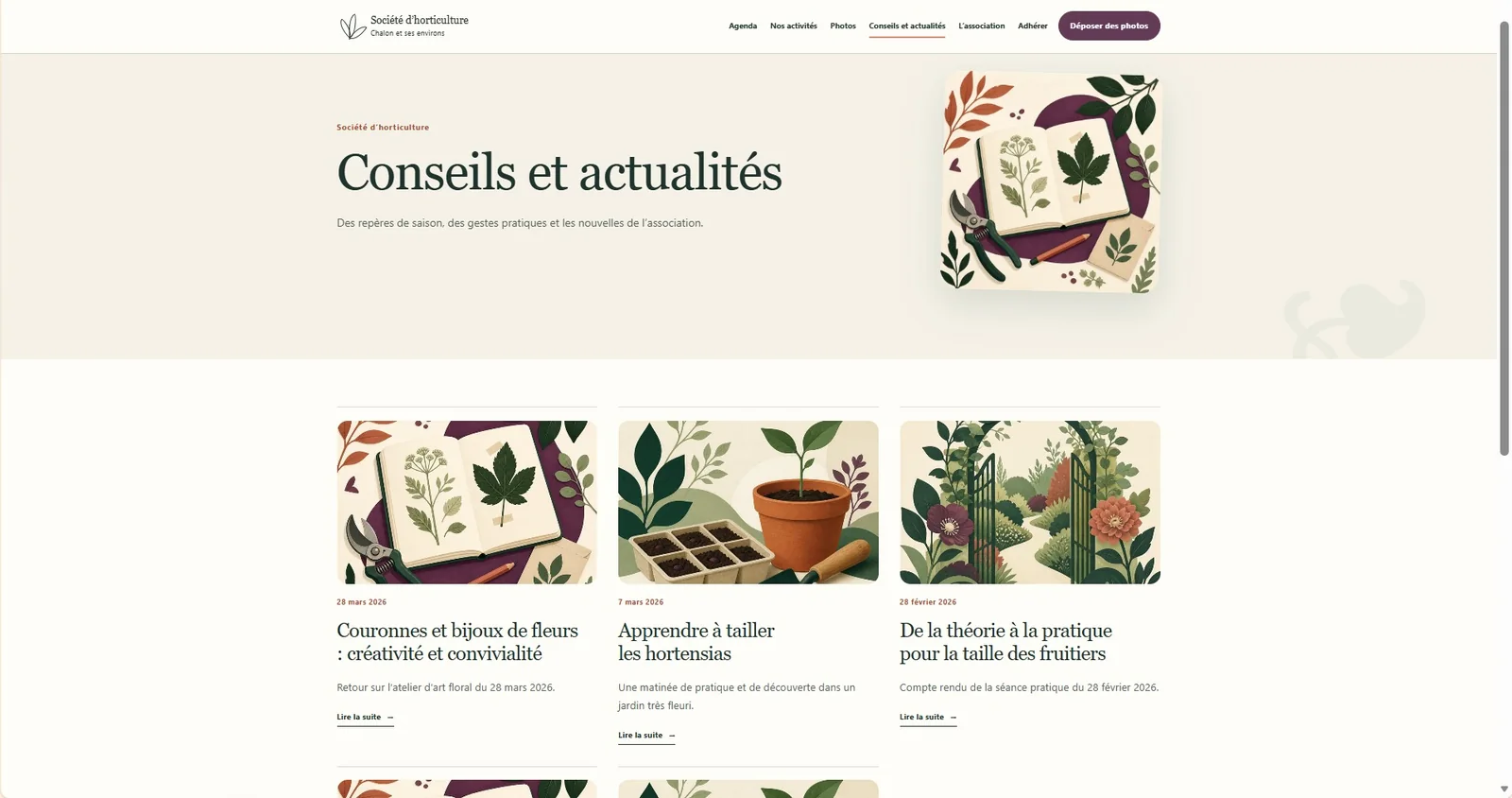 Capture complète du module d’actualités WordPress de la Société d’Horticulture de Chalon